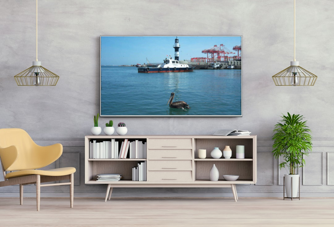 a room with a tv and shelves